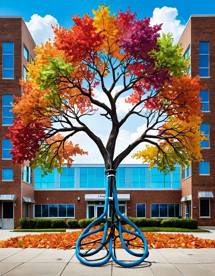 A journey from diagnosis to survivorship, illustrated as a vibrant tree growing from a broken stethoscope, with colorful leaves representing various treatments and tips. Incorporate elements like a hospital building in the background and patients celebrating recovery. The overall tone should be uplifting and inspiring, capturing hope and resilience. vibrant colors. super-realistic.